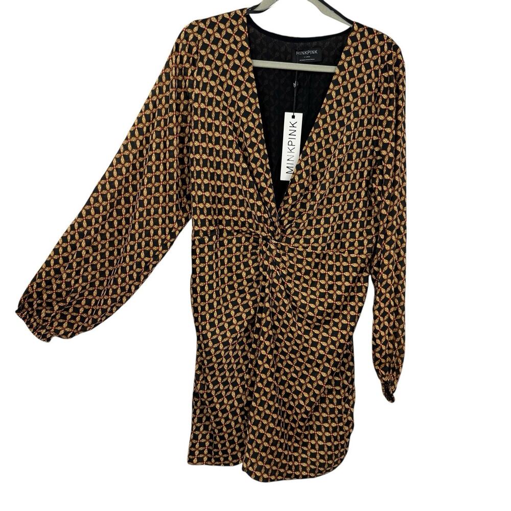 MinkPink Valentina Pattern Mini Dress Womens XL Twist V Neck Long Sleeve NEW